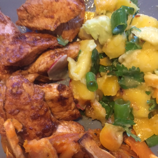 Chipotle Chicken, Mango Salsa and Sweet Potato Wedges