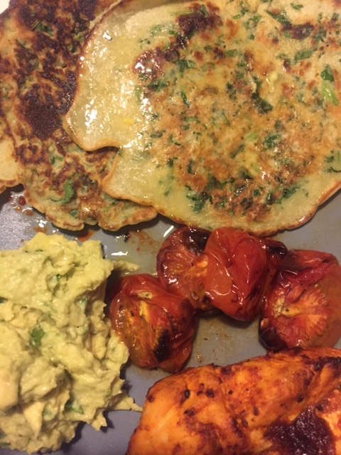 Kale Pancakes, Slow Roasted Tomatoes, Guacamole and Chipotle Chicken